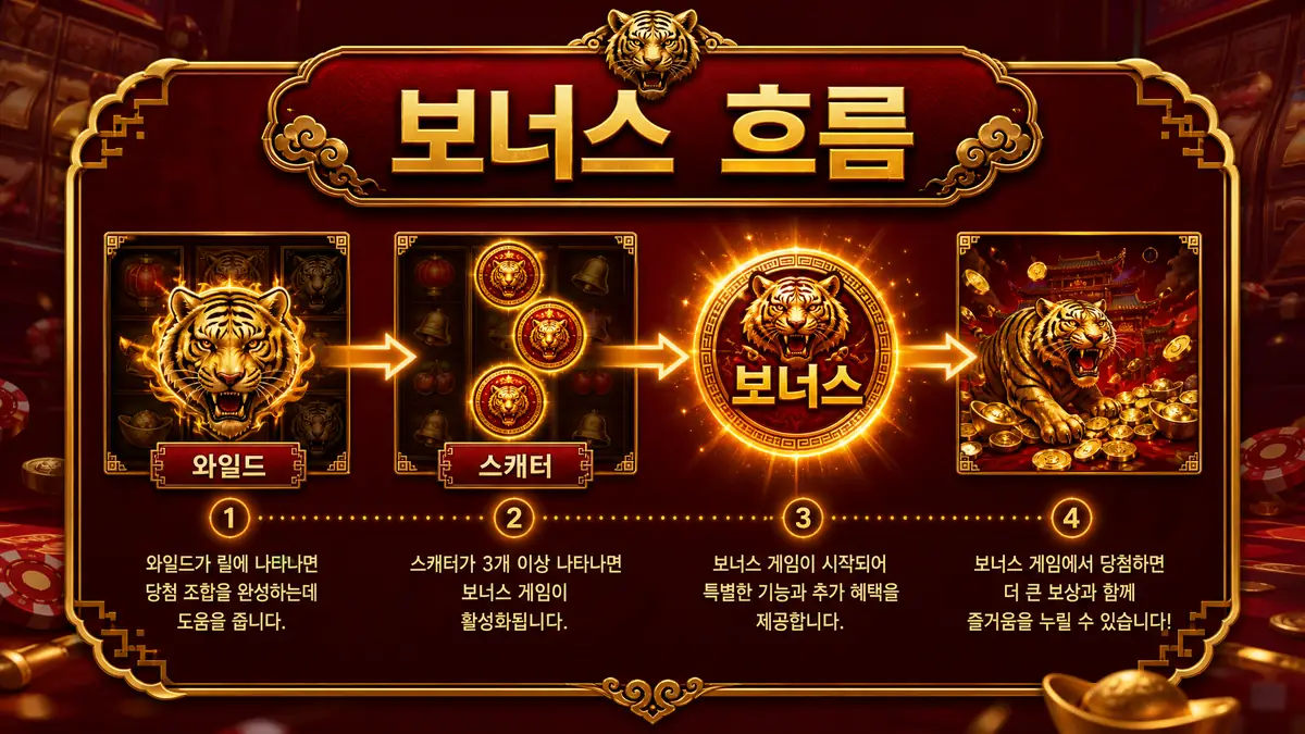레드 타이거 게이밍 슬롯게임의 보너스 기능과 특수 심볼 흐름을 정리한 본문 이미지