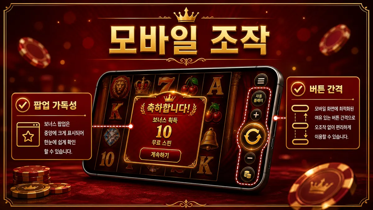 레드 타이거 게이밍 슬롯게임의 모바일 버튼 간격과 보너스 팝업 가독성을 설명하는 본문 이미지
