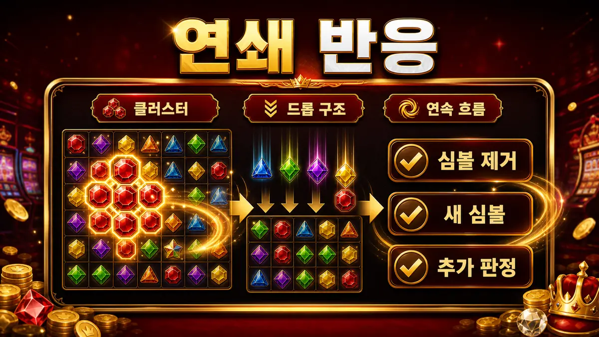 릴렉스 게이밍 슬롯게임 클러스터와 드롭형 연쇄 반응을 설명하는 본문 이미지