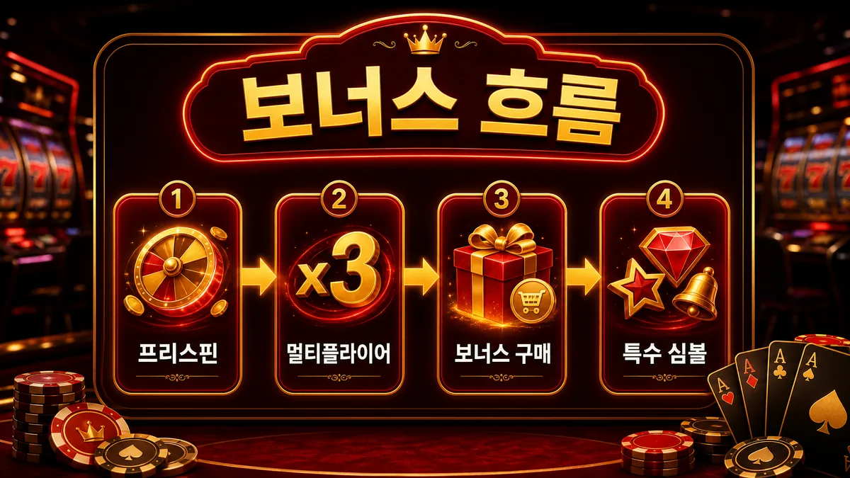 프리스핀과 멀티플라이어 등 슬롯게임 보너스 기능 흐름 이미지