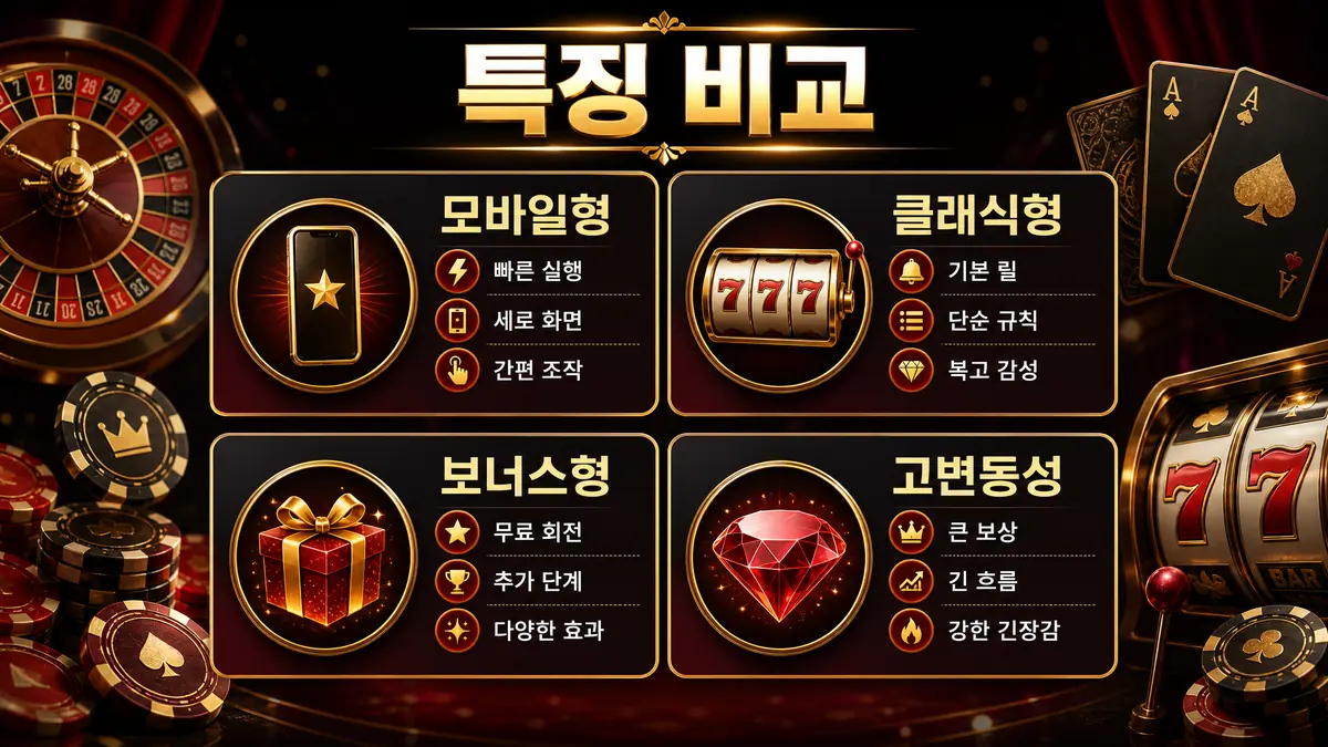 슬롯게임 제조사별 모바일형 클래식형 보너스형 특징을 비교한 이미지