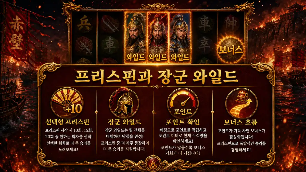 3 Kingdoms Battle of Red Cliffs 슬롯게임의 프리스핀과 장군 와일드 기능을 정리한 본문 이미지