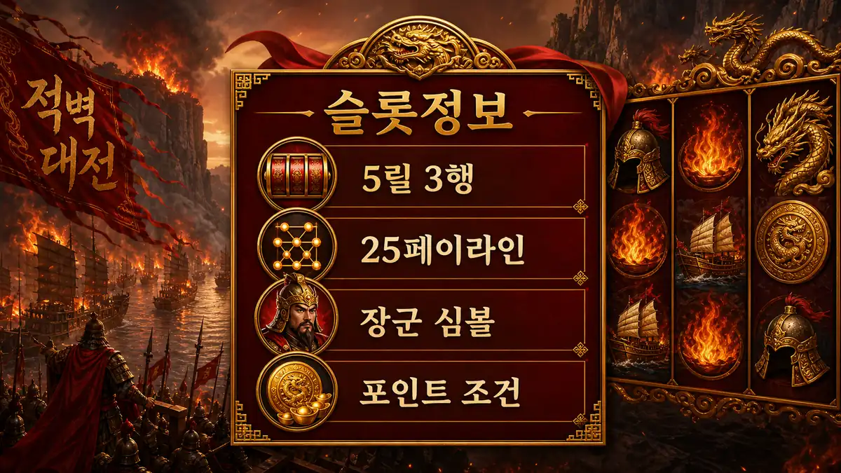3 Kingdoms Battle of Red Cliffs 슬롯게임의 릴 구조와 페이라인 정보를 정리한 본문 이미지