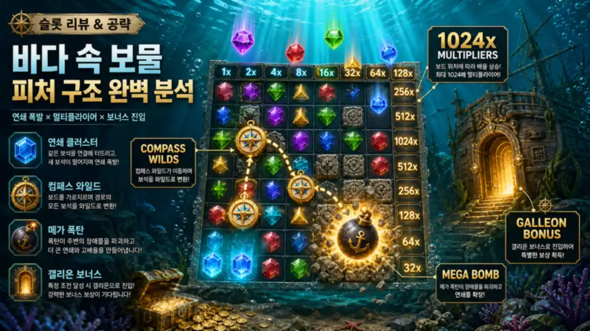 Treasure Tumble 컴퍼스 와일드와 갤리언 보너스 구조를 설명하는 본문 이미지