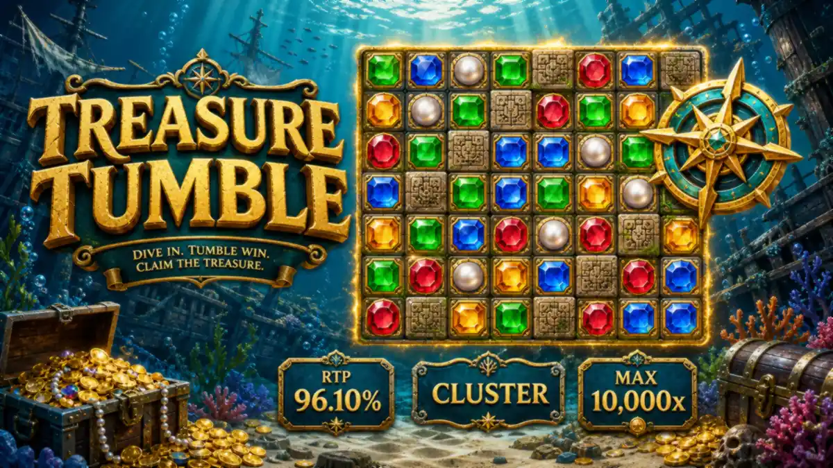 Treasure Tumble 슬롯게임 RTP와 클러스터 구조를 정리한 본문 이미지