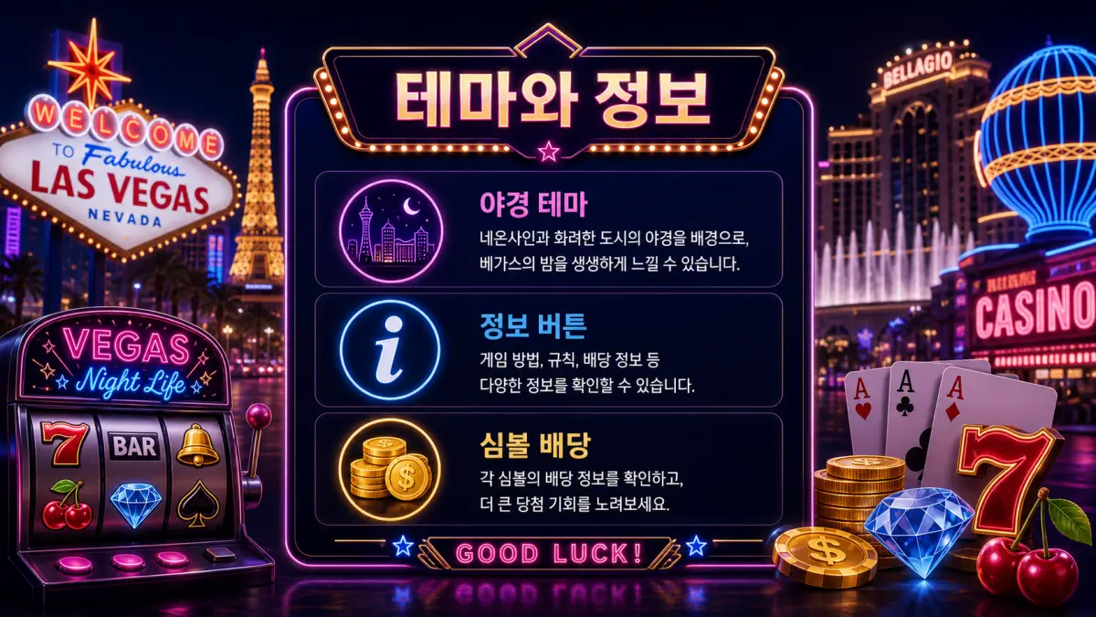 Vegas Night Life 슬롯게임의 야경 테마와 정보 버튼 심볼 배당을 정리한 본문 이미지
