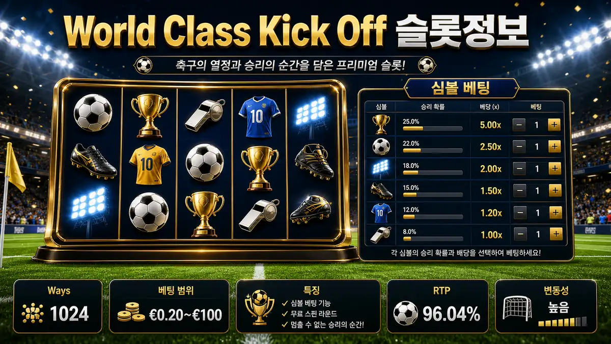 World Class Kick Off 슬롯게임 Ways와 심볼 베팅 정보를 정리한 본문 이미지