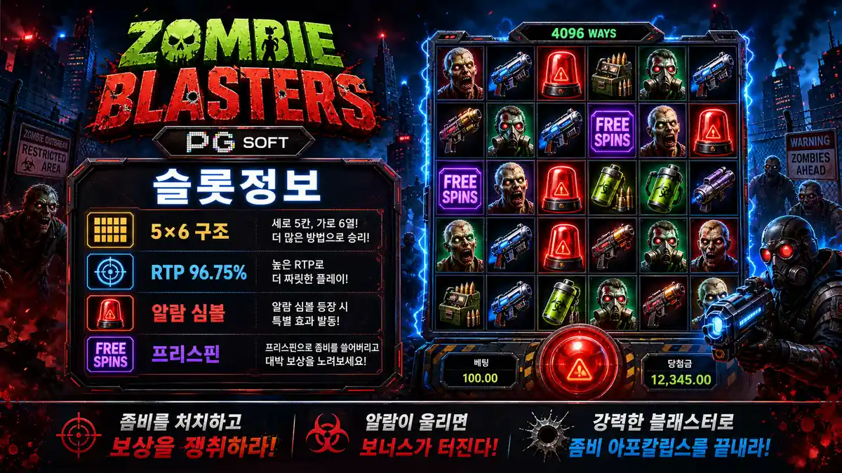 Zombie Blasters 슬롯게임의 5×6 구조와 알람 심볼을 정리한 본문 이미지