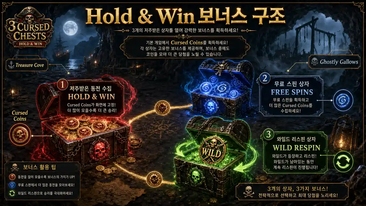 3 Cursed Chests Hold & Win 보너스 구조와 Treasure Cove, Ghostly Gallows 차이를 정리한 본문 이미지