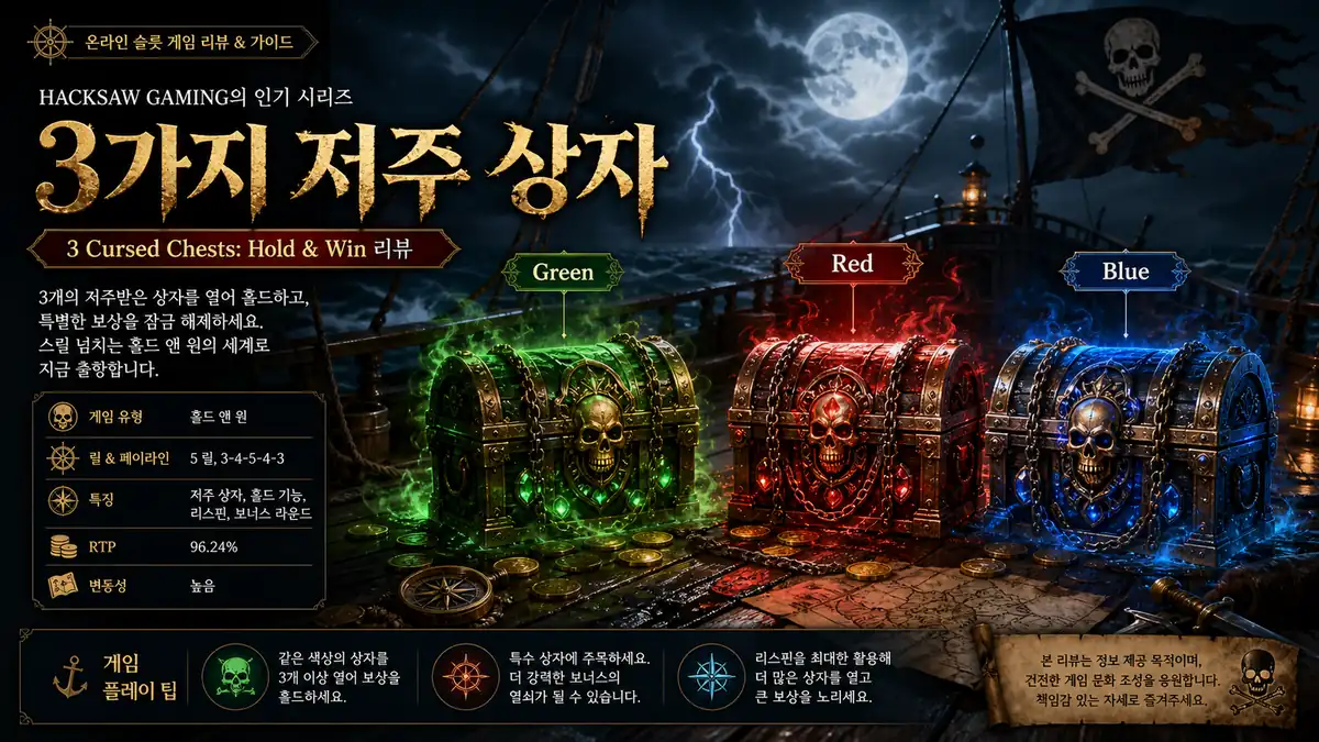 3 Cursed Chests Hold & Win 슬롯게임의 세 가지 저주 상자와 공식 게임 데이터를 정리한 본문 이미지