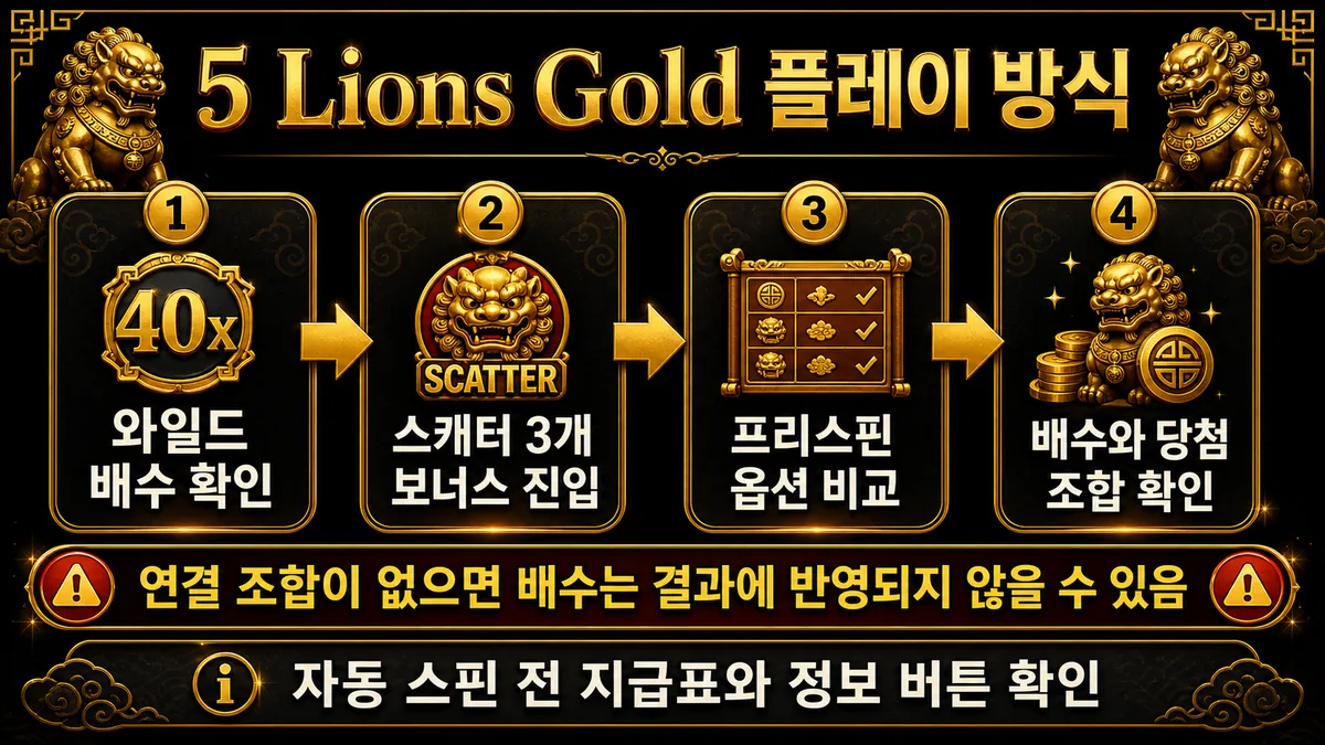 5 Lions Gold 플레이 방식 와일드 배수 스캐터 프리스핀 옵션 확인 안내