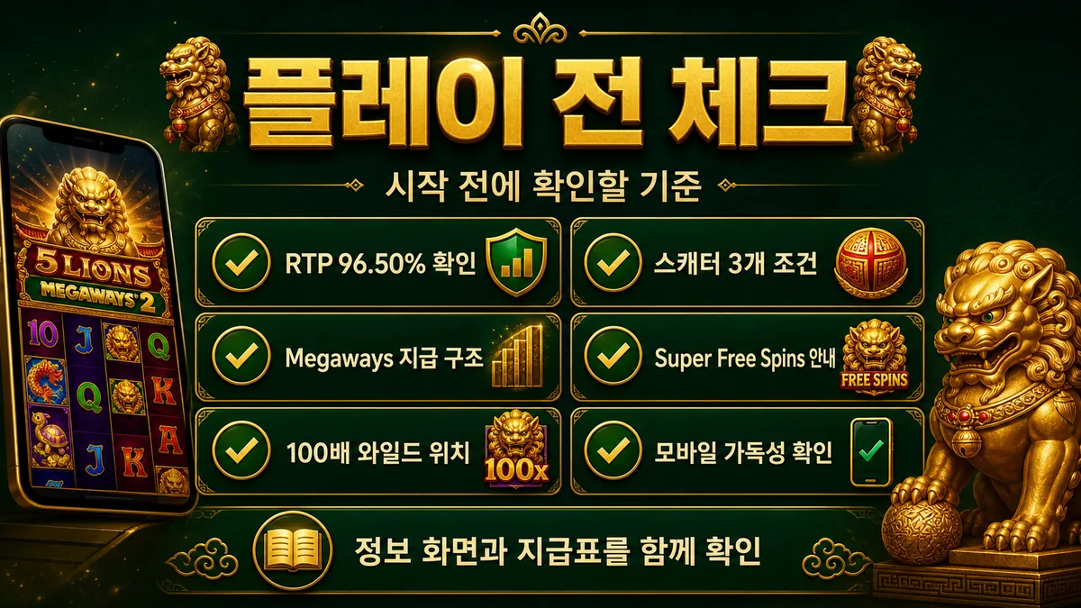 5 Lions Megaways 2 슬롯게임 플레이 전 체크 인포그래픽