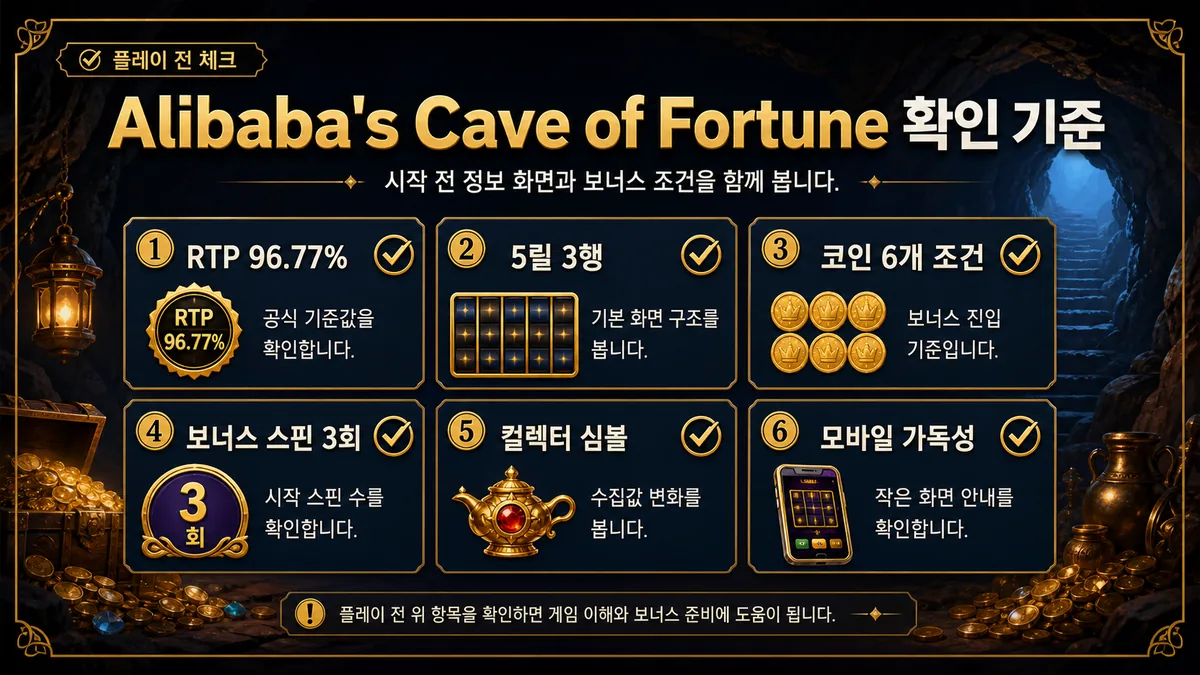 Alibaba's Cave of Fortune 슬롯게임 플레이 전 체크 인포그래픽