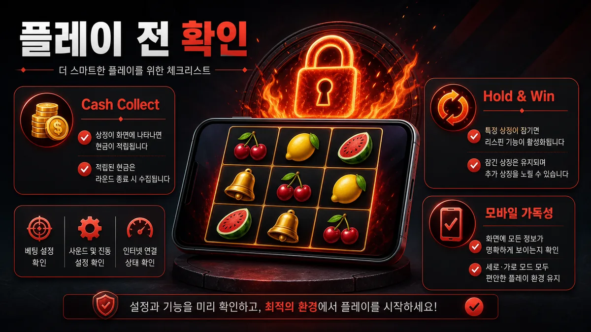 Cash Strike Fire Lock 슬롯게임 플레이 전 Cash Collect와 모바일 화면 확인사항 이미지