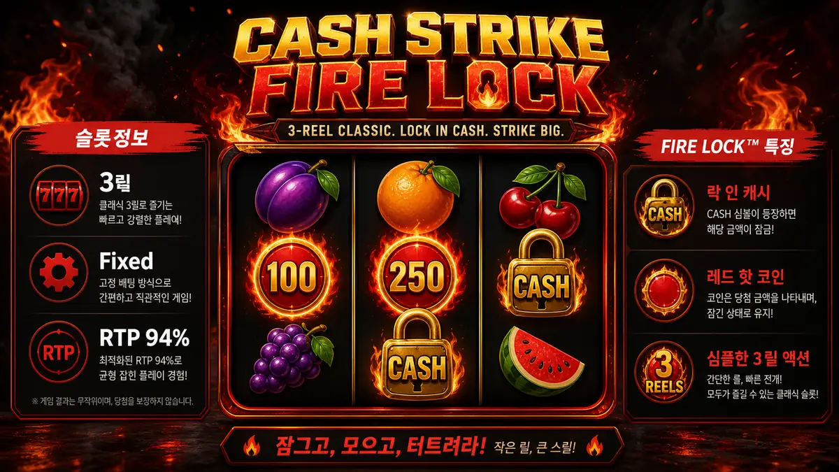 Cash Strike Fire Lock 슬롯게임의 3릴 Fixed 구조와 RTP 정보를 설명하는 본문 이미지