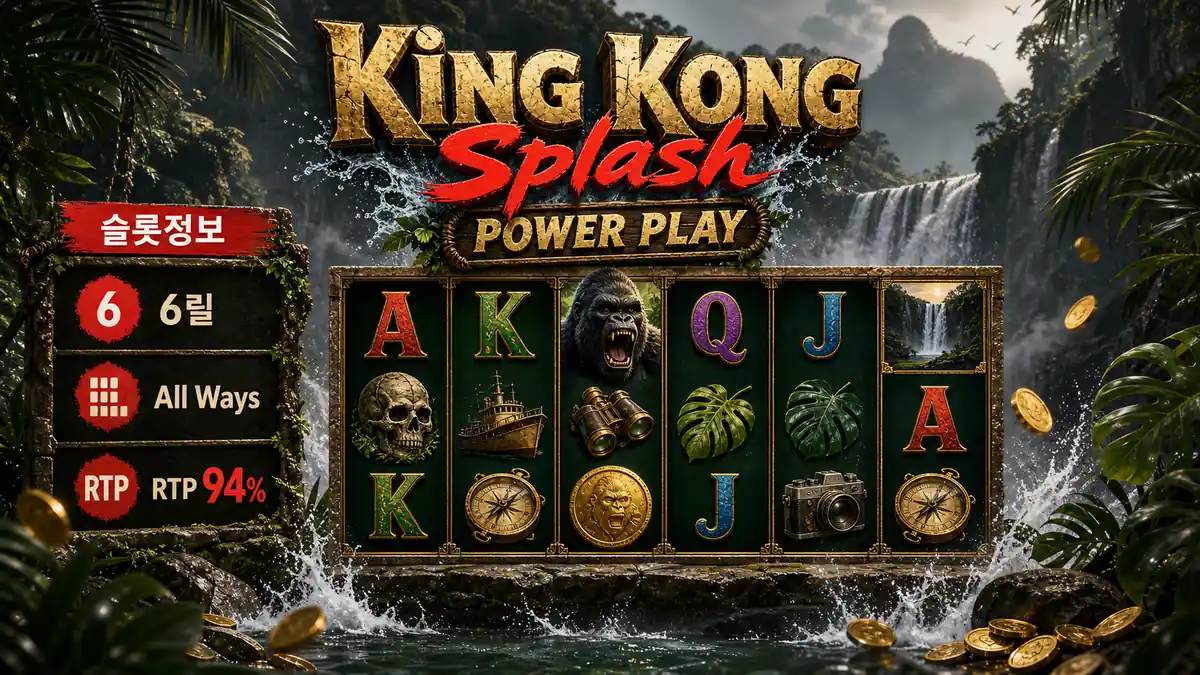 King Kong Splash Power Play 슬롯게임의 6릴 구조와 RTP 정보를 설명하는 본문 이미지