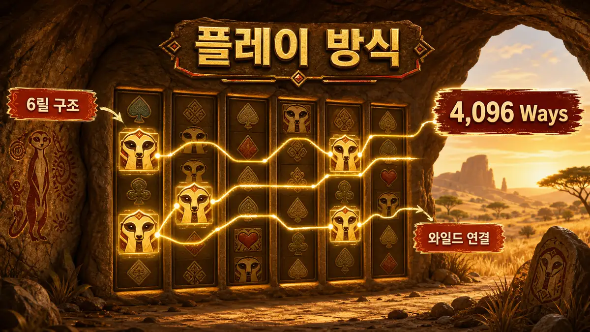 Meerkat Mayhem 슬롯게임의 6릴 4096 Ways 플레이 방식을 설명하는 본문 이미지