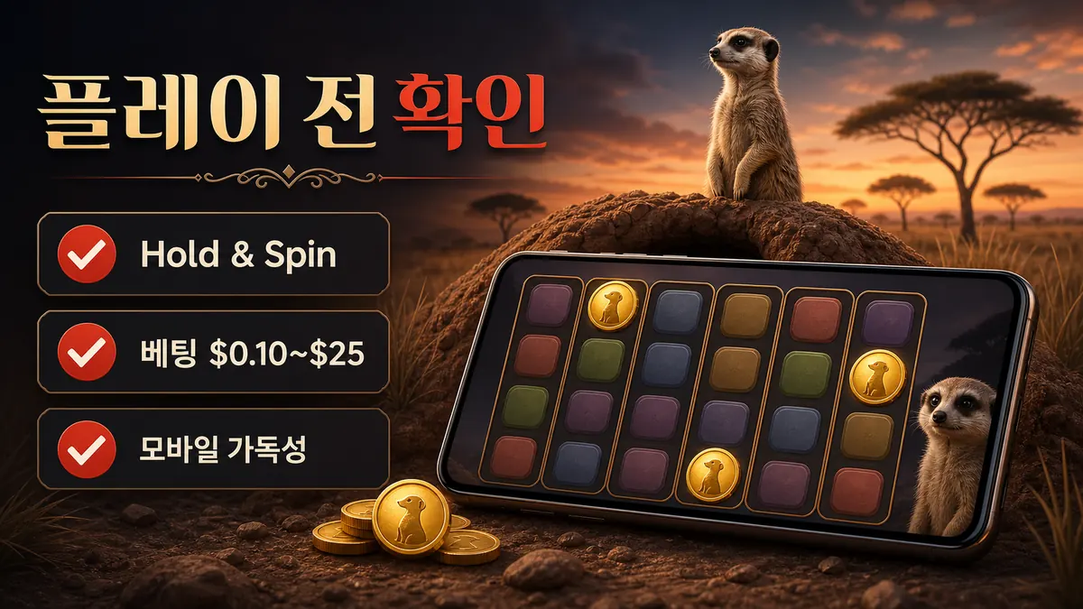 Meerkat Mayhem 슬롯게임 플레이 전 Hold and Spin과 모바일 화면 확인사항 이미지