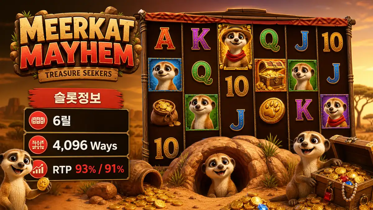 Meerkat Mayhem 슬롯게임의 6릴 구조와 RTP 옵션을 설명하는 본문 이미지