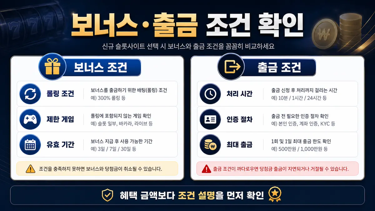 신규 슬롯사이트 보너스 출금 조건 확인 인포그래픽