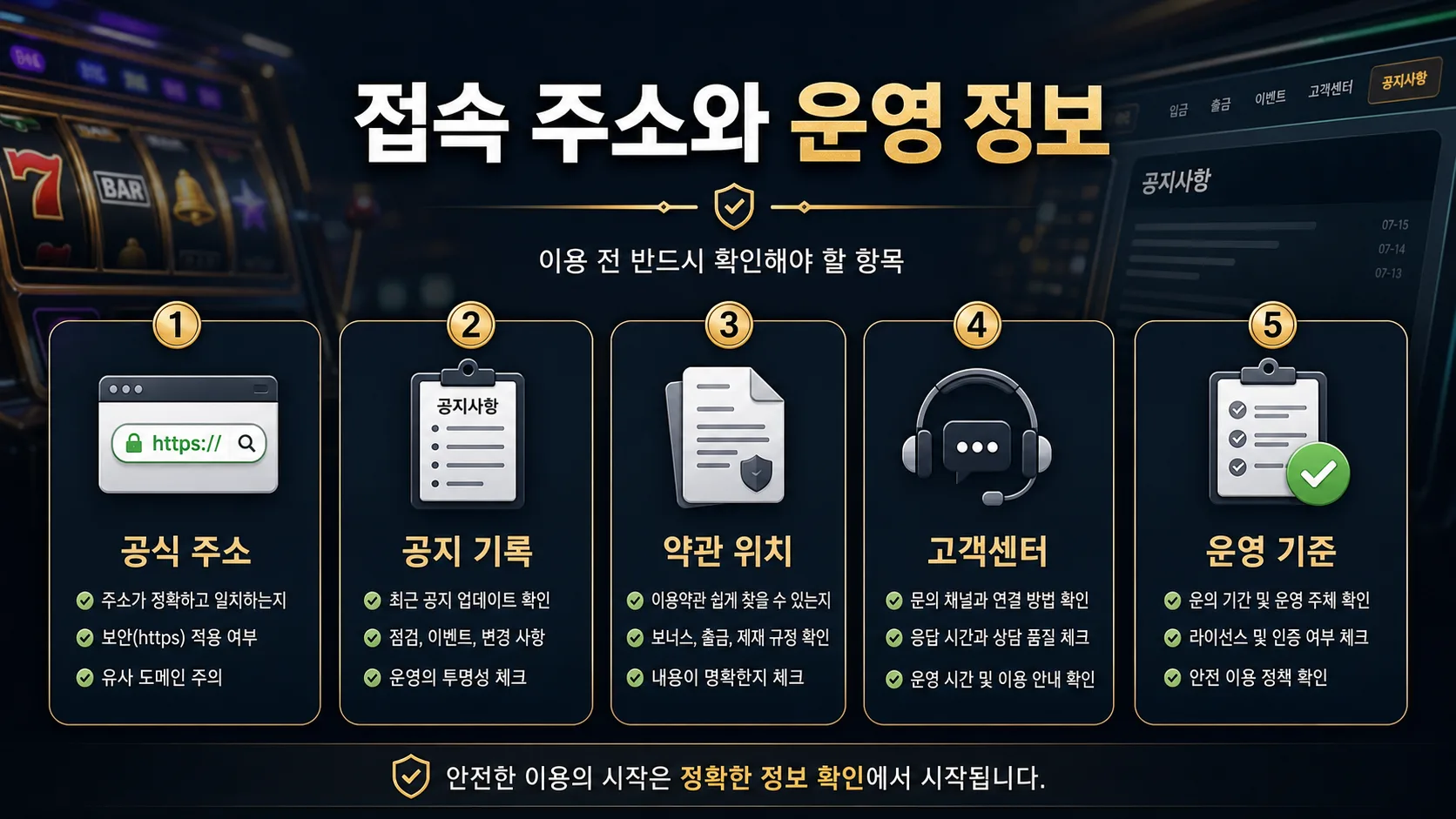 온라인 슬롯사이트 이용 기준 접속 주소와 운영 정보 확인 인포그래픽