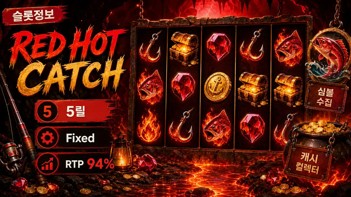Red Hot Catch 슬롯게임의 5릴 Fixed 구조와 RTP 정보를 설명하는 본문 이미지