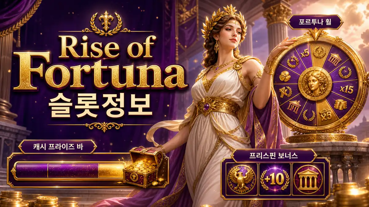 Rise of Fortuna 슬롯게임의 포르투나 휠, 캐시 프라이즈 바, 프리스핀 보너스 핵심을 정리한 본문 이미지