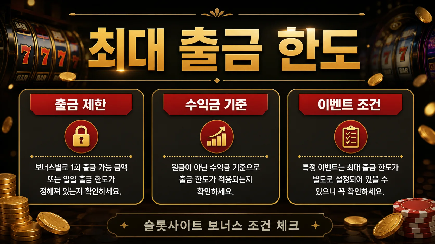 슬롯사이트 보너스 조건 최대 출금 한도 인포그래픽