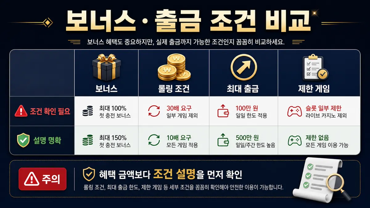 슬롯사이트 추천 보너스 출금 조건 비교 인포그래픽