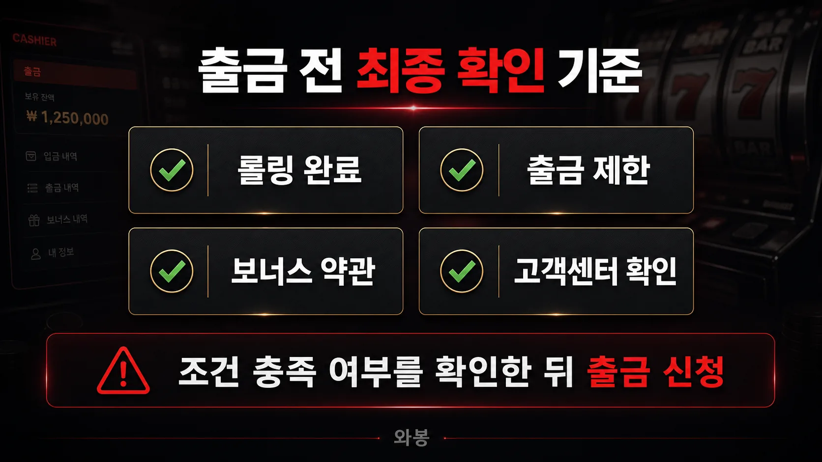 슬롯사이트 롤링 조건 출금 전 최종 확인 인포그래픽