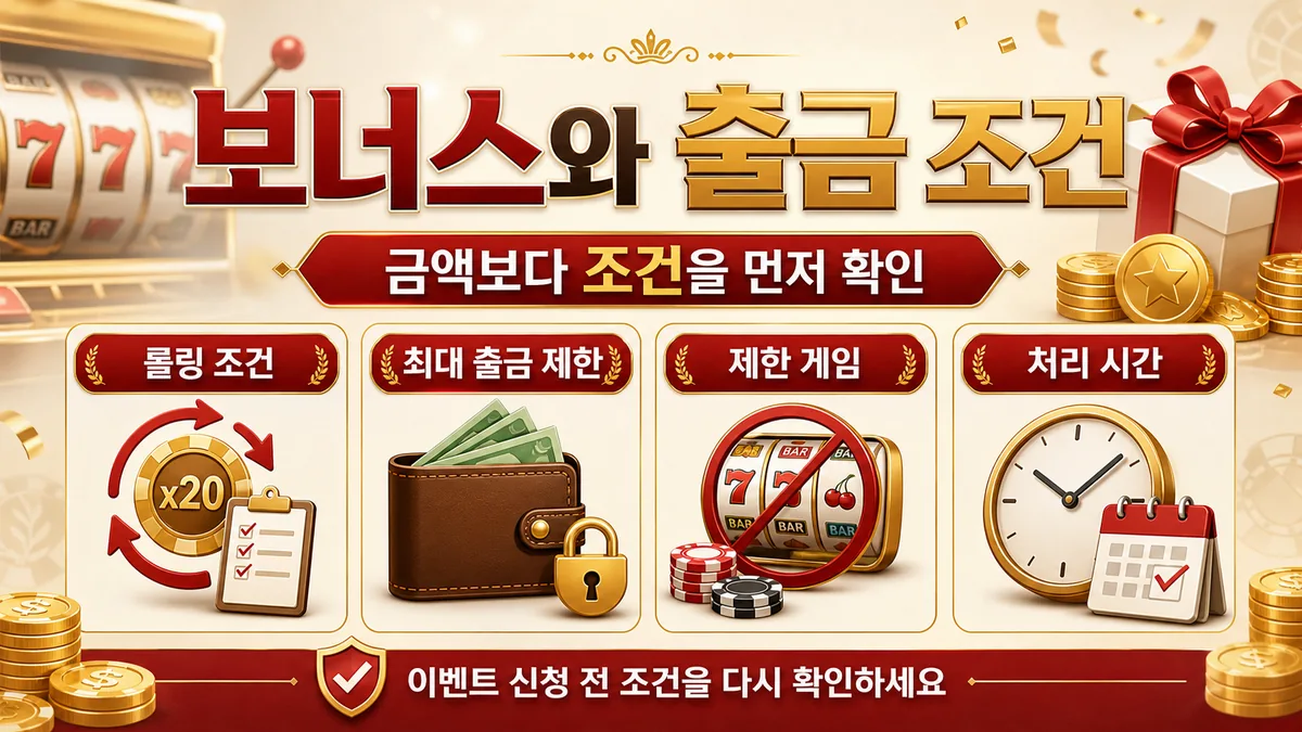 슬롯사이트 가입 전 확인 보너스와 출금 조건 인포그래픽