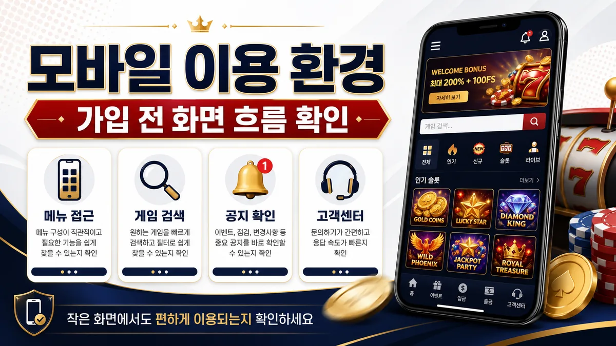슬롯사이트 가입 전 확인 모바일 이용 환경 인포그래픽