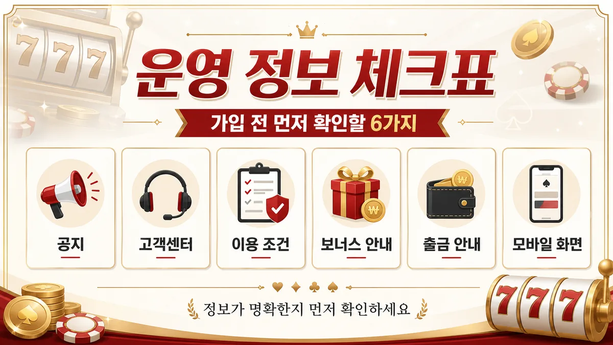 슬롯사이트 가입 전 확인 운영 정보 체크 인포그래픽