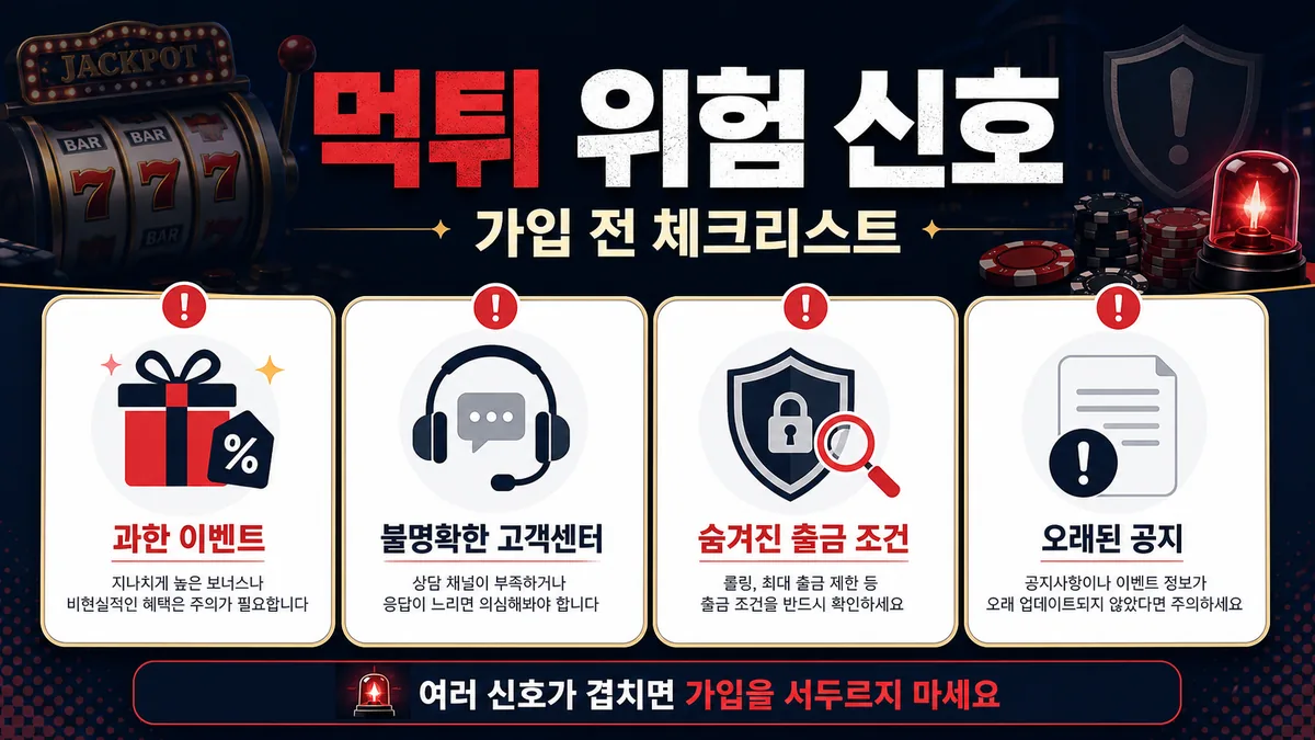 슬롯사이트 가입 전 확인 먹튀 위험 신호 체크리스트 인포그래픽