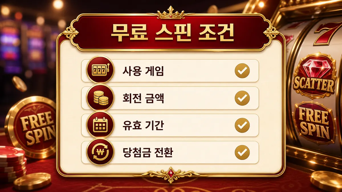 슬롯사이트 보너스 조건에서 무료 스핀 사용 조건을 설명하는 이미지