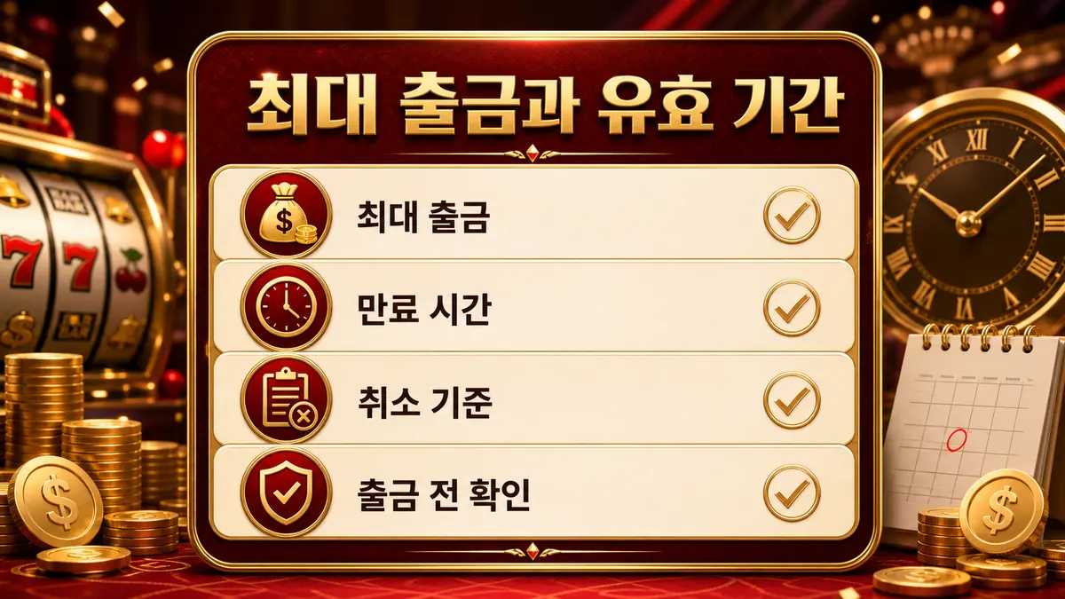 슬롯사이트 보너스 조건에서 최대 출금과 유효 기간을 설명하는 이미지