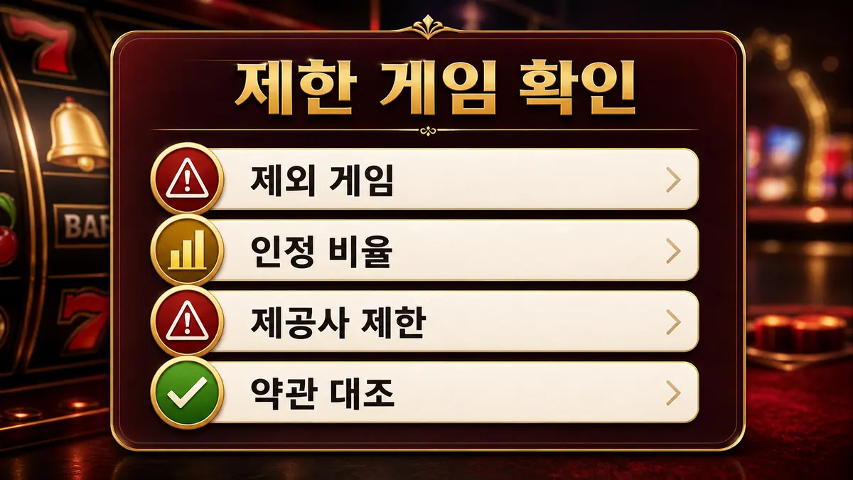 슬롯사이트 보너스 조건에서 제한 게임과 제외 조건을 설명하는 이미지
