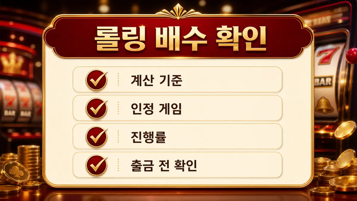 슬롯사이트 보너스 조건에서 롤링 배수 확인 기준을 설명하는 이미지