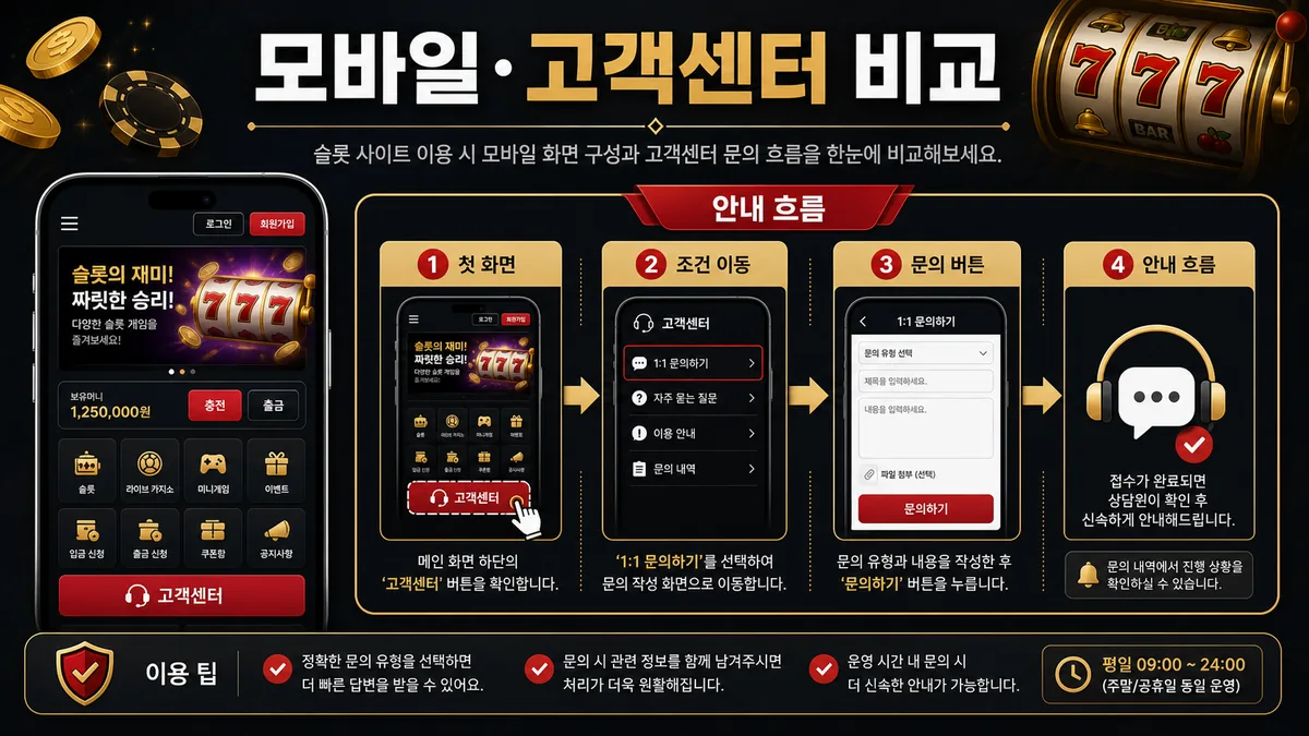 슬롯사이트 비교에서 모바일 화면과 고객센터 흐름을 정리한 본문 이미지
