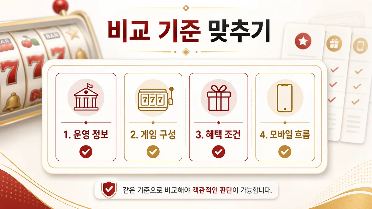 슬롯사이트 비교 기준을 운영 정보와 혜택 조건으로 정리한 본문 이미지