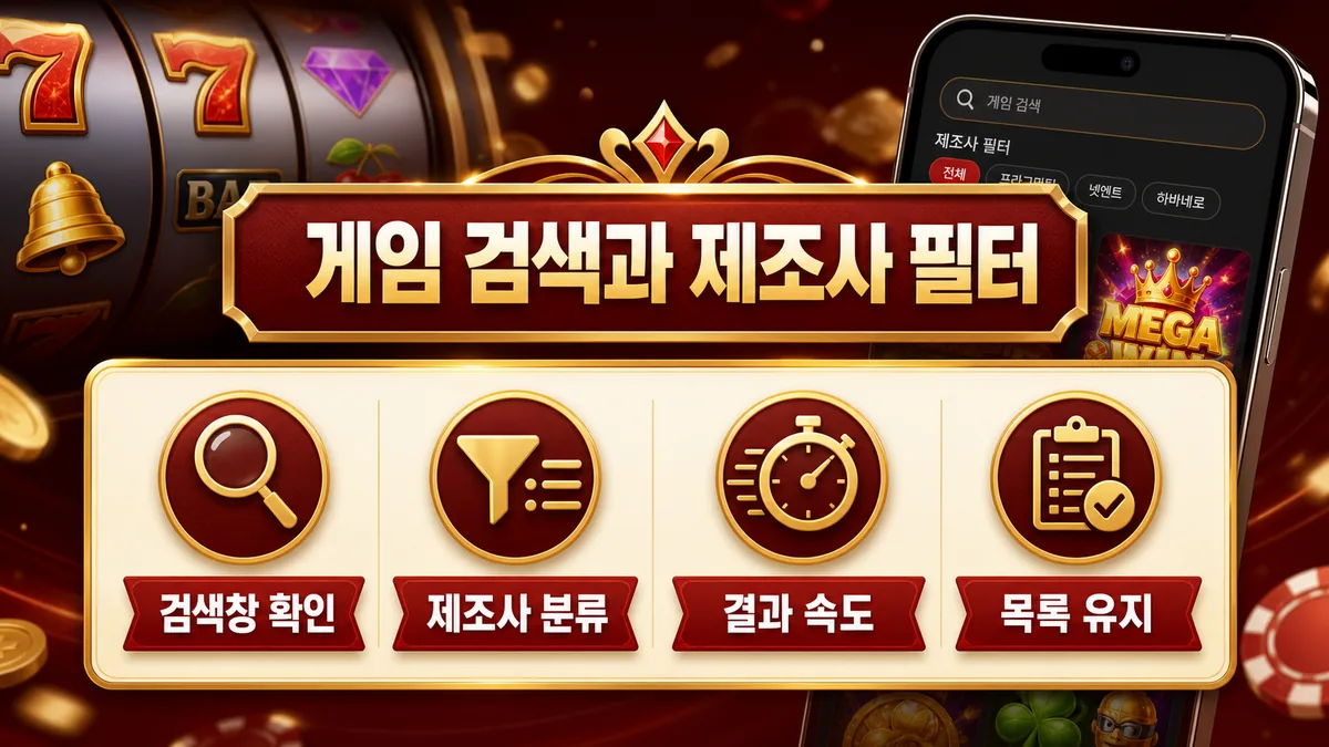 모바일 슬롯사이트 게임 검색과 제조사 필터 확인 이미지