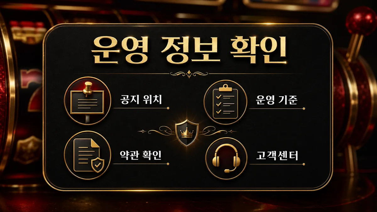 온라인 슬롯사이트 운영 정보와 공지 위치를 설명하는 이미지