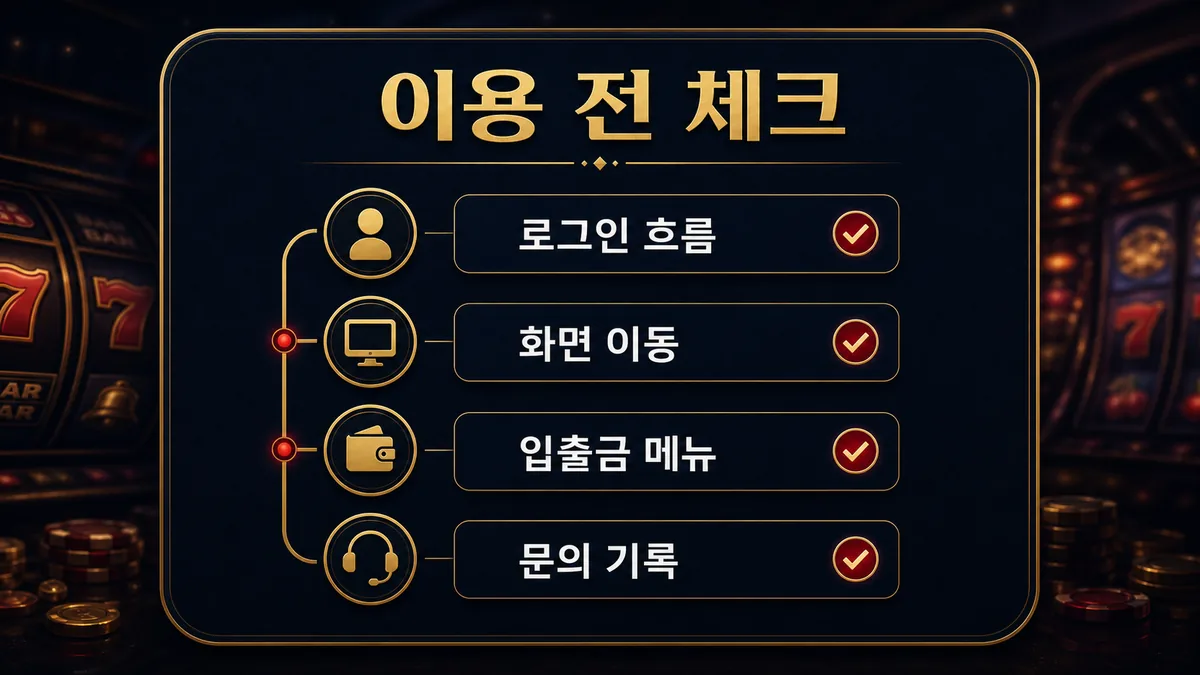 온라인 슬롯사이트 실제 이용 흐름과 체크리스트를 설명하는 이미지