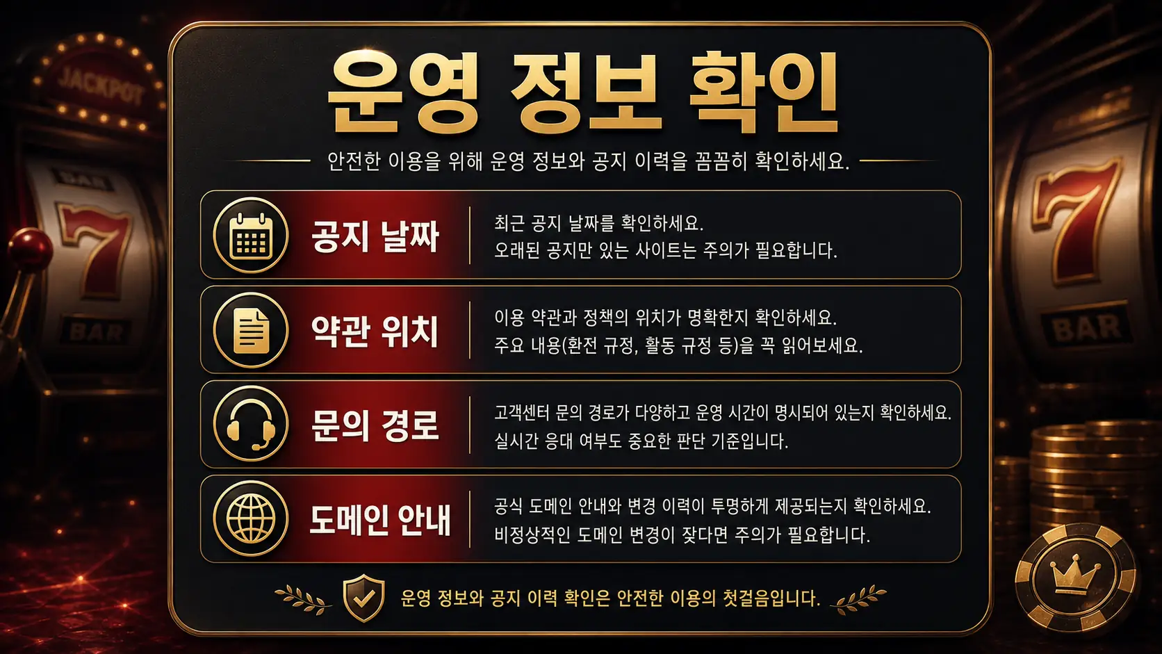 슬롯사이트 먹튀 확인 방법에서 운영 정보와 공지 이력을 설명하는 이미지