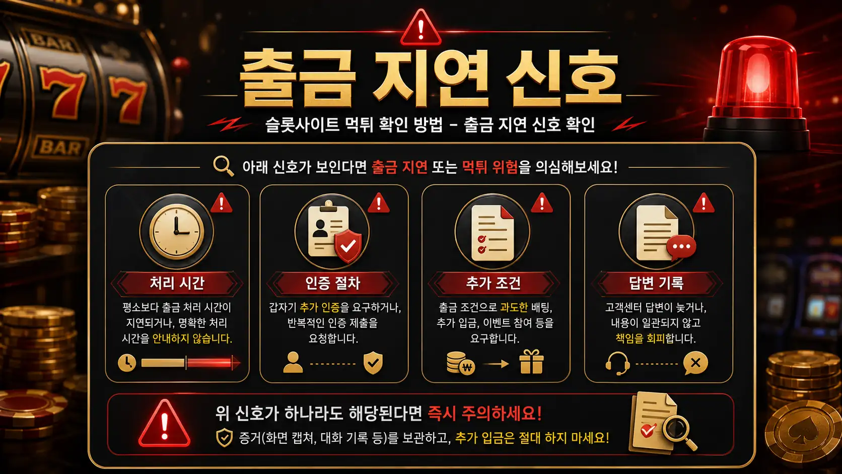 슬롯사이트 먹튀 확인 방법에서 출금 지연 신호를 정리한 이미지