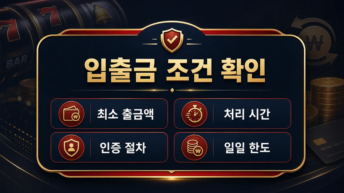 슬롯사이트 가입 전 확인사항에서 입출금 조건을 설명하는 이미지