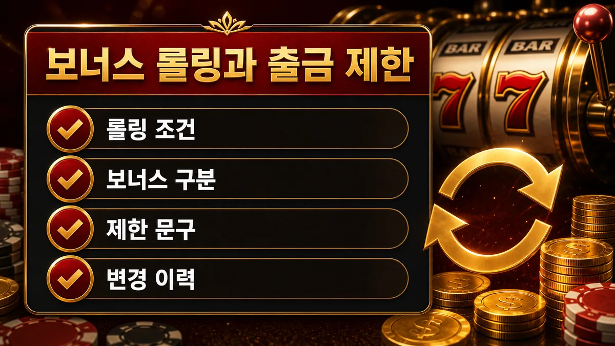 슬롯사이트 출금 조건에서 보너스 롤링과 출금 제한을 설명하는 이미지
