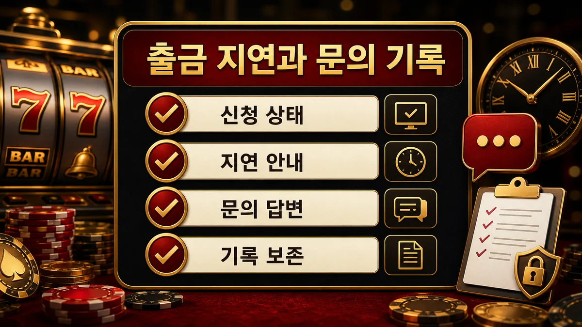 슬롯사이트 출금 조건에서 출금 지연과 문의 기록을 설명하는 이미지
