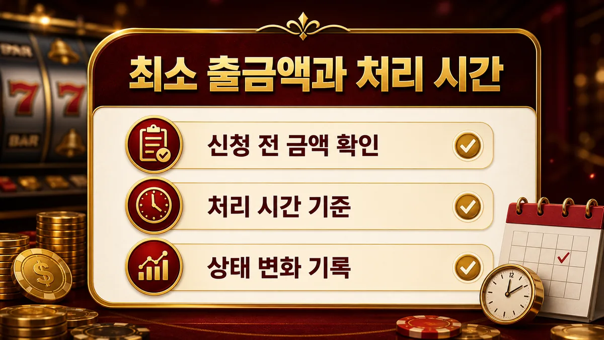 슬롯사이트 출금 조건에서 최소 출금액과 처리 시간을 설명하는 이미지