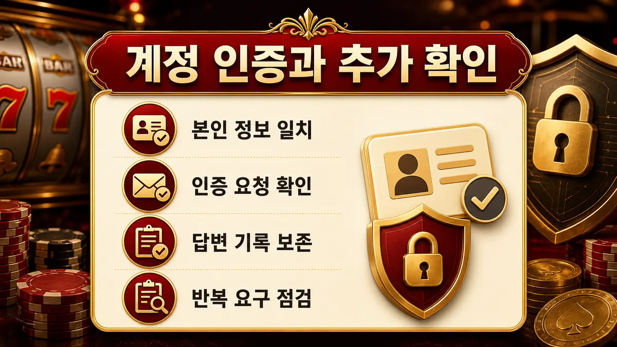 슬롯사이트 출금 조건에서 계정 인증과 추가 확인 절차를 설명하는 이미지